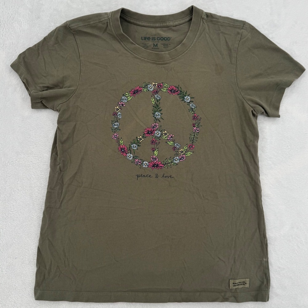 Life is Good Womens Crusher Tee Olive Green Floral Peace Sign Shirt Size Medium